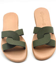 Theluto Prune slip-on sandals in olive green leather with a chic minimalist design, handmade in Greece.