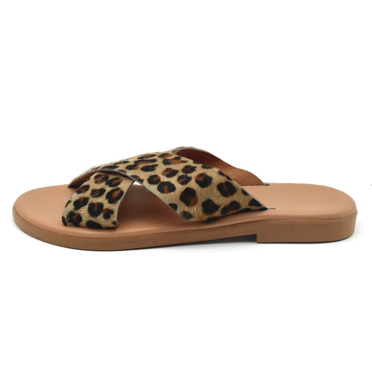 Theluto Gaelle Cheetah slip-on sandals featuring a premium leopard print leather cross-strap and cushioned sole.