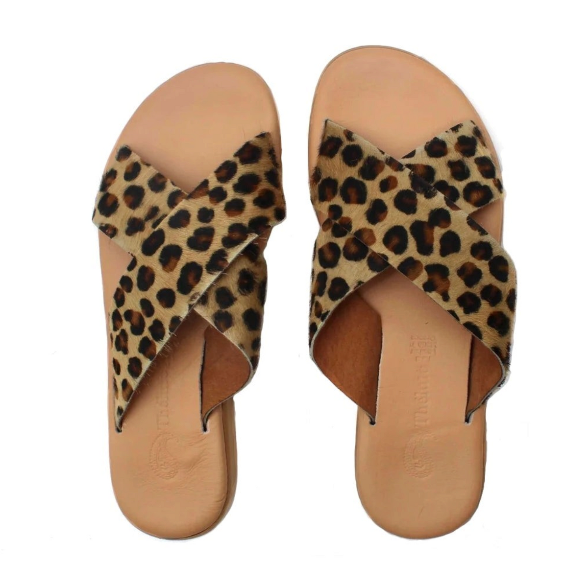 Theluto Gaelle Cheetah slip-on sandals featuring premium leopard-print leather crisscross straps and cushioned soles.