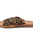 Theluto Gaelle Cheetah slip-on sandals featuring a premium leopard print leather cross-strap and cushioned sole.