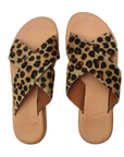 Theluto Gaelle Cheetah slip-on sandals featuring premium leopard-print leather crisscross straps and cushioned soles.
