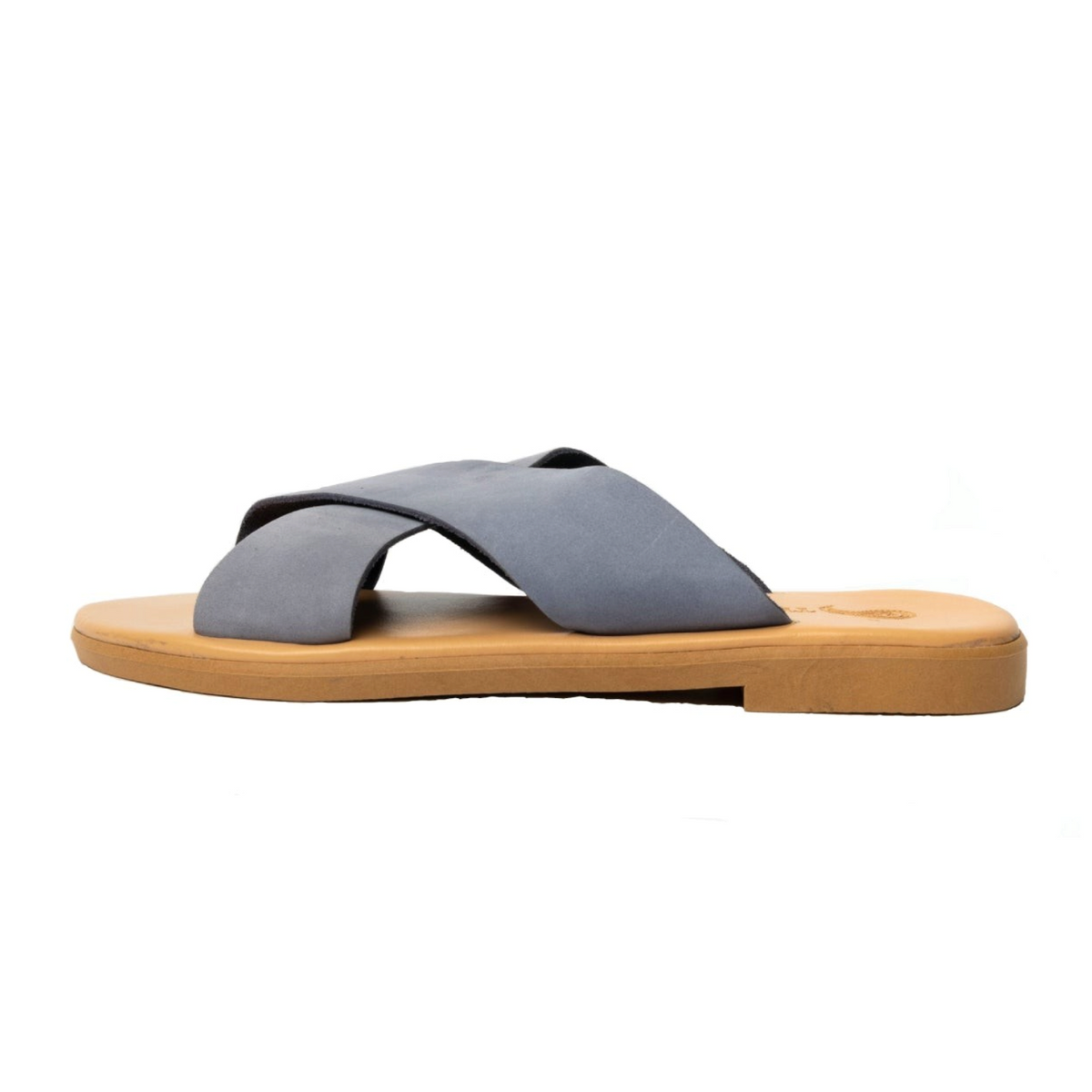 Theluto Gaelle slip-on sandals featuring soft grey leather crisscross straps and a comfortable tan cushioned sole.