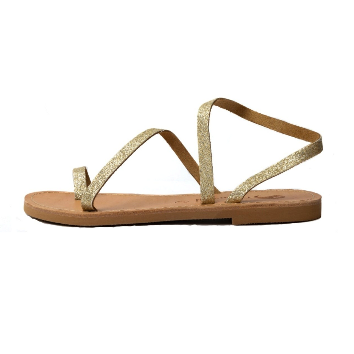 Theluto Lilou glitter gold leather sandals with a minimalist strappy design and flat sole, handcrafted in Greece.