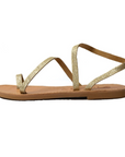 Theluto Lilou glitter gold leather sandals with a minimalist strappy design and flat sole, handcrafted in Greece.