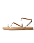 Theluto Lilou handcrafted Greek leather sandals in metallic silver with a minimalist toe-ring and ankle strap design.