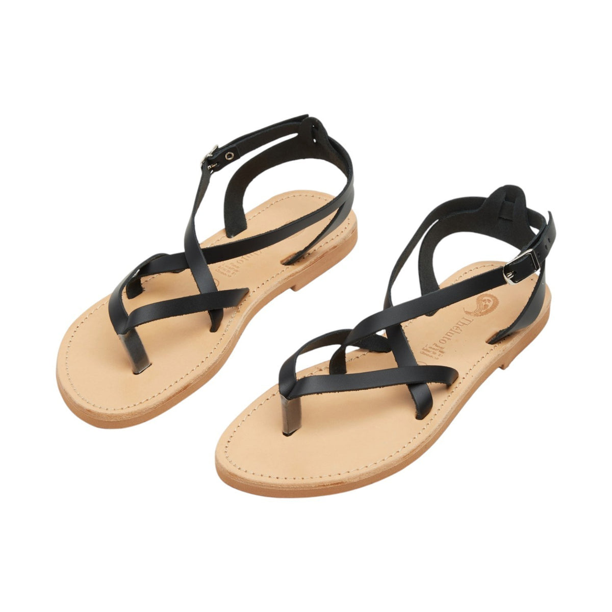 Theluto Marie black leather strappy sandals with a minimalist thong design and adjustable ankle strap