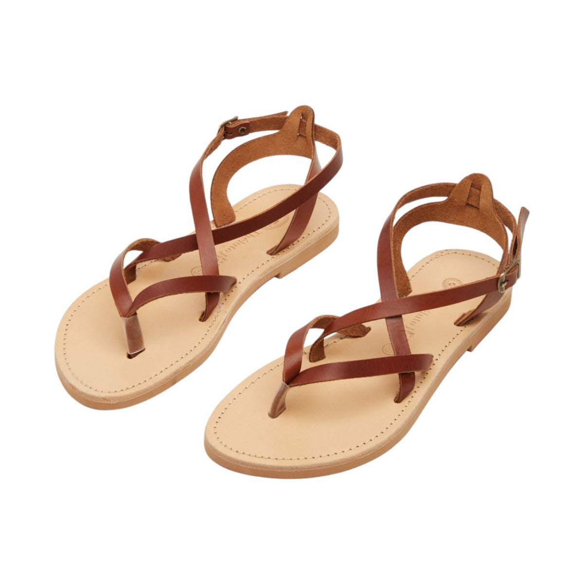 Theluto Marie brown leather strappy sandals with a minimalist thong design and adjustable ankle buckle strap