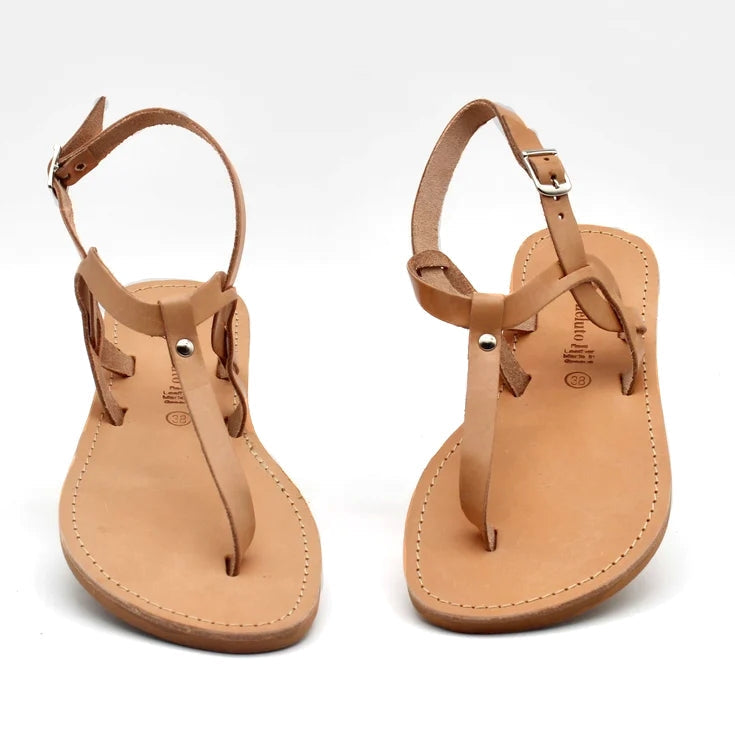 Theluto Meloe tan leather thong sandals with ankle straps and a minimalist design on a white background.