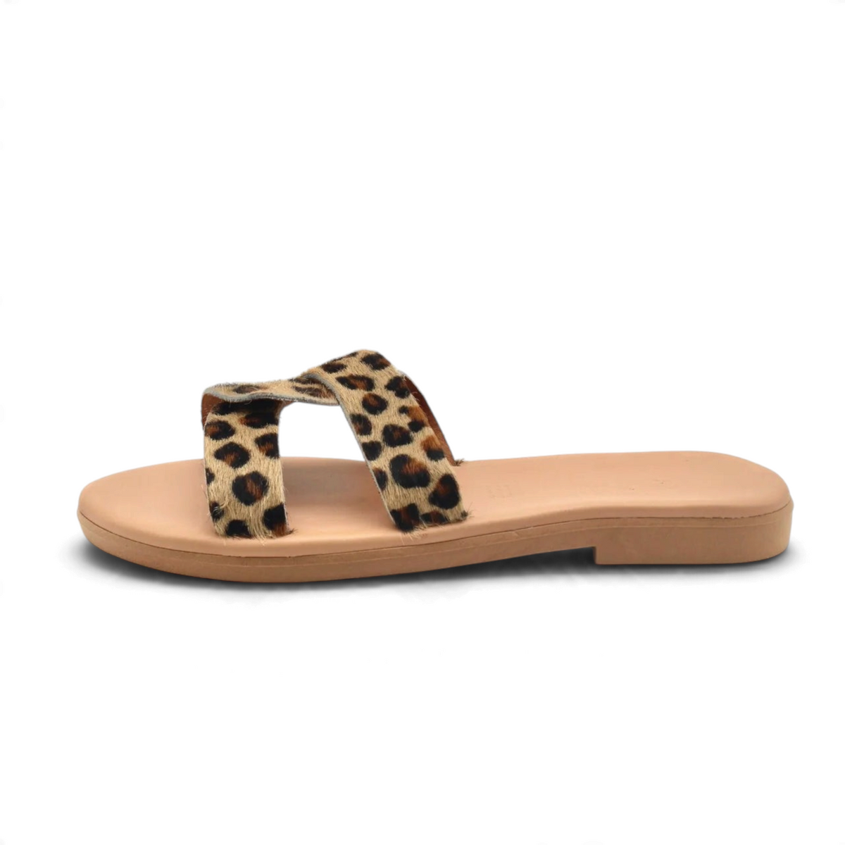 Theluto Prune Cheetah slip-on sandals featuring a bold animal print leather strap and a natural leather sole.