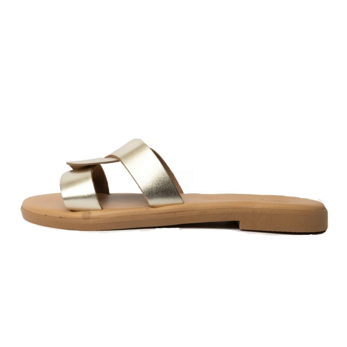 Theluto Prune slip-on sandals in metallic gold leather with a minimalist two-strap design, handmade in Greece.