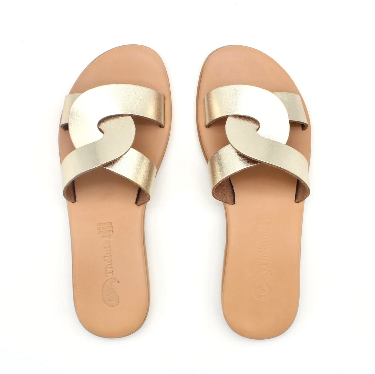 Theluto Prune handmade gold leather slip-on sandals with a chic minimalist design and tan footbed