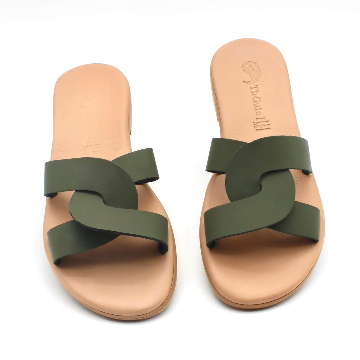 Theluto Prune slip-on sandals in olive green leather with a chic minimalist design, handmade in Greece.