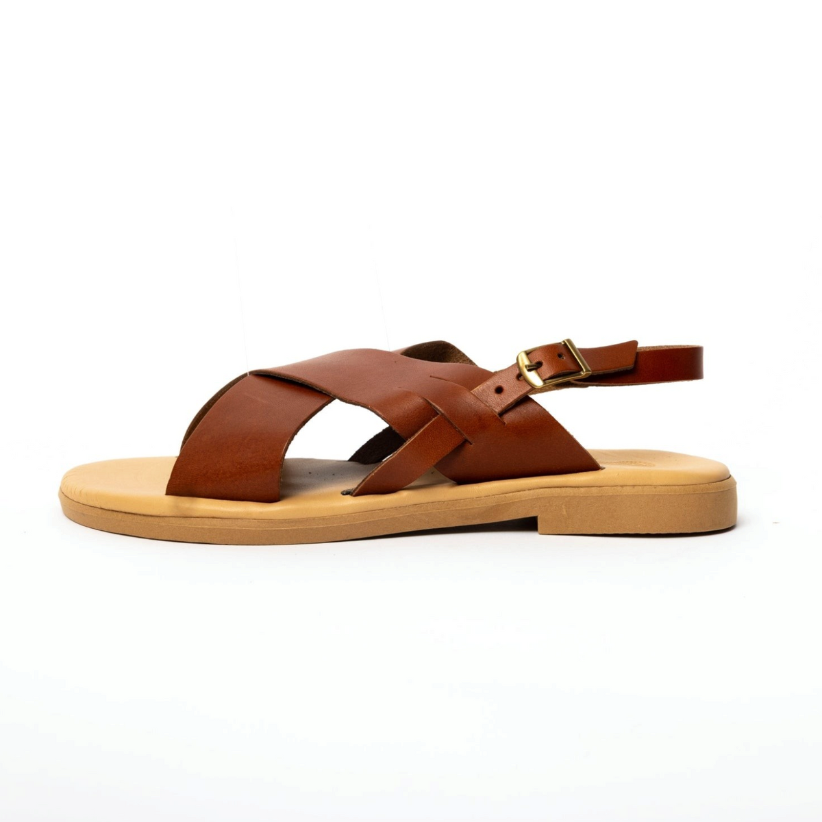 Theluto Tom brown leather sandals with minimalist crisscross straps and a side buckle on a lightweight sole