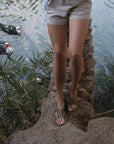 Theluto Tom Cheetah print leather sandals worn by a person standing near a pond with ducks.