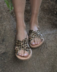 Theluto Tom Cheetah sandals featuring premium leopard print leather crossover straps on a comfortable lightweight sole