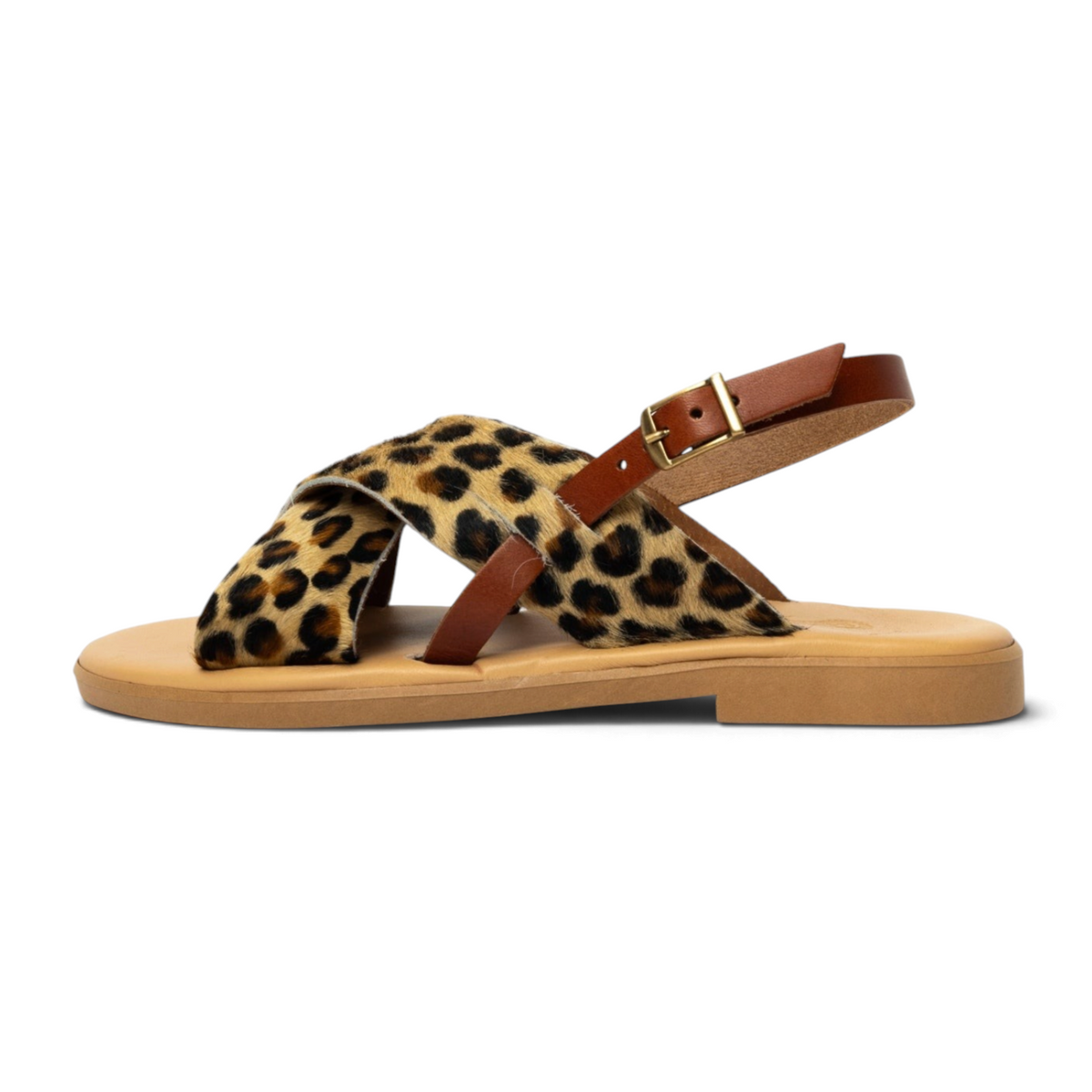 Theluto Tom Cheetah sandals featuring leopard print leather crossover straps and a brown ankle buckle on a flat sole.