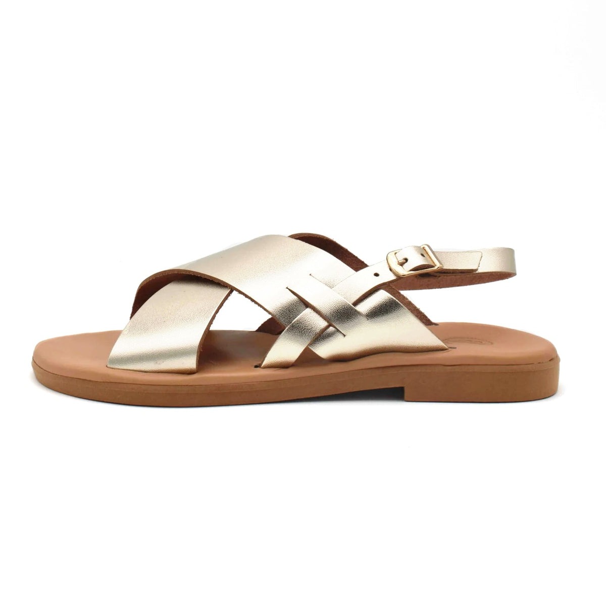 Theluto Tom gold leather sandals with minimalist crisscross straps and an adjustable buckle side view