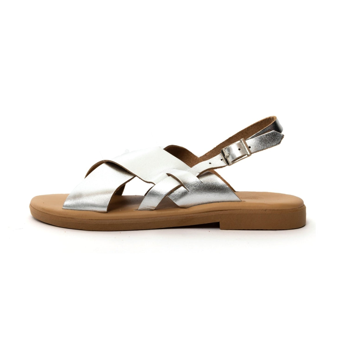 Theluto Tom silver leather sandals with a minimalist crisscross strap design and adjustable buckle side view