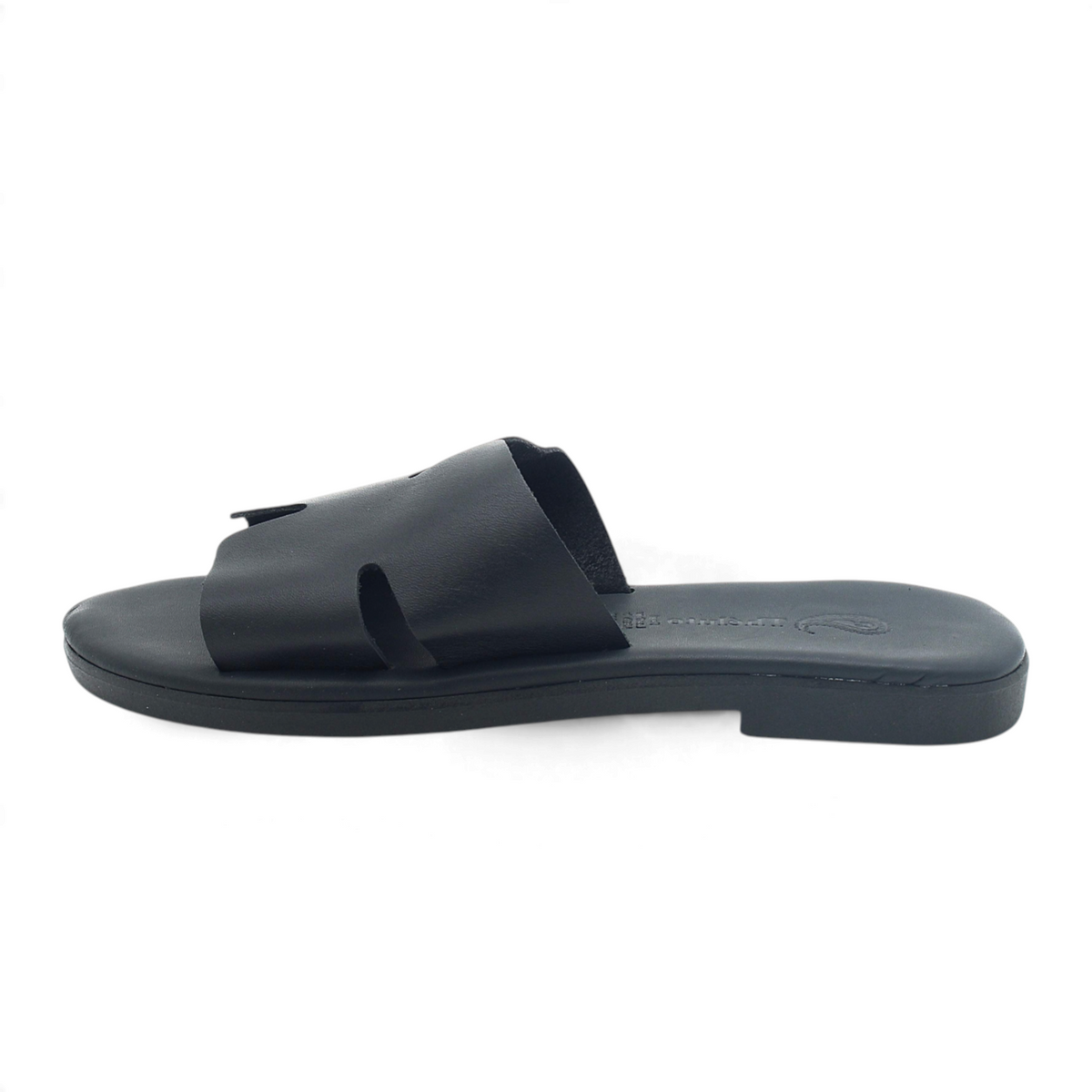 Theluto Tribeca black leather slip-on sandals with a cushioned footbed and minimalist cutout design
