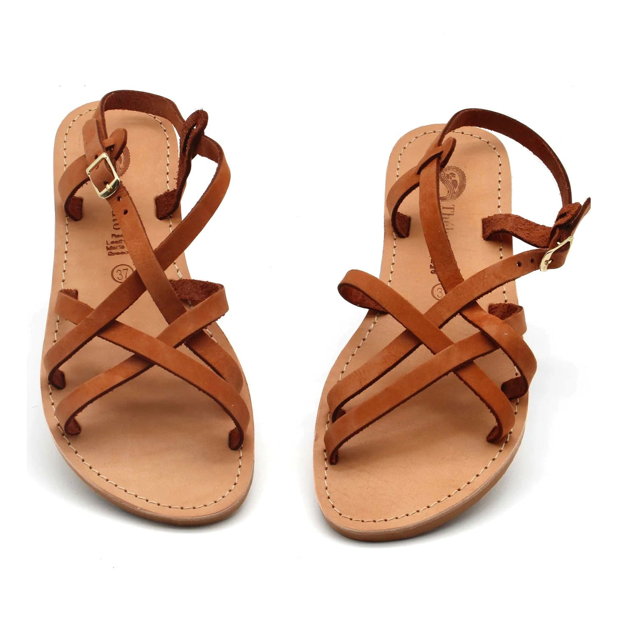 Theluto Valentine brown leather slip-on sandals with crisscross straps and adjustable ankle buckle