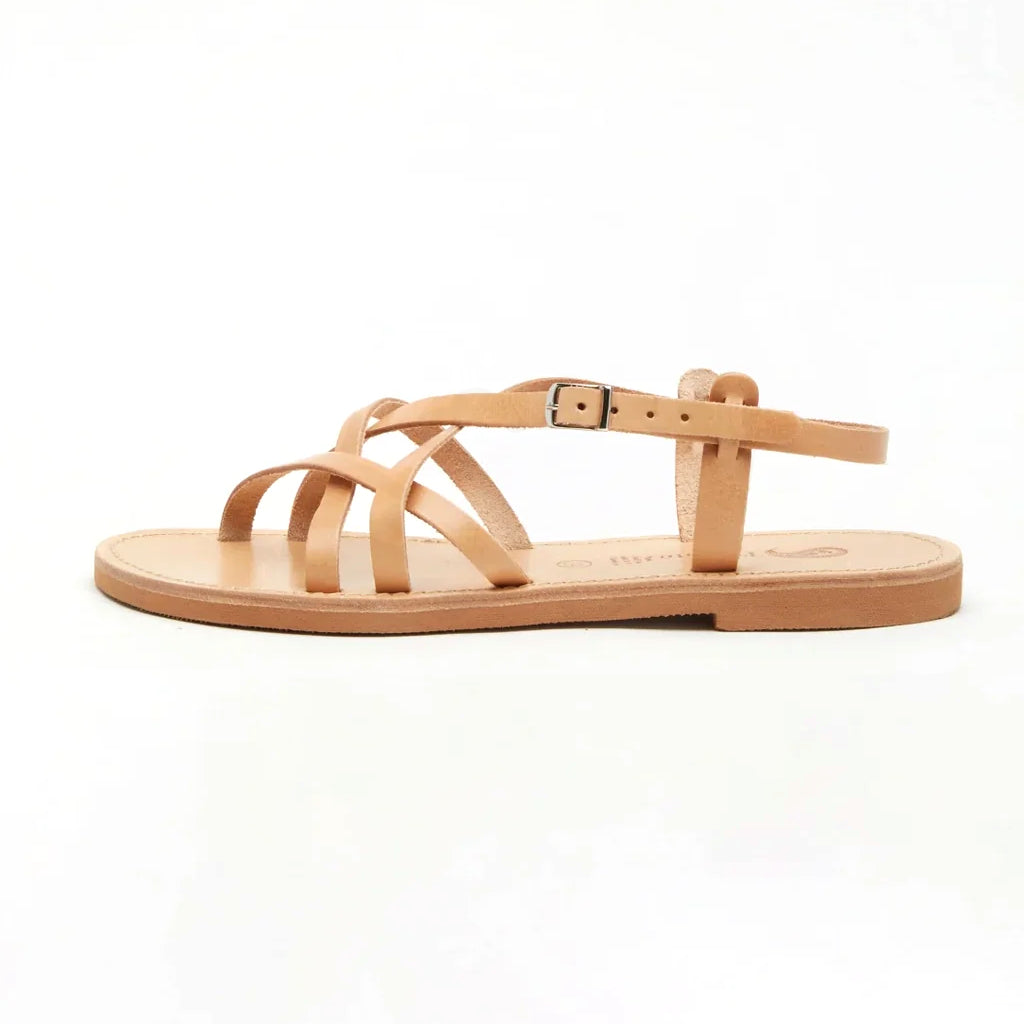 Theluto Valentine tan leather flat sandals with strappy design and adjustable buckle side view